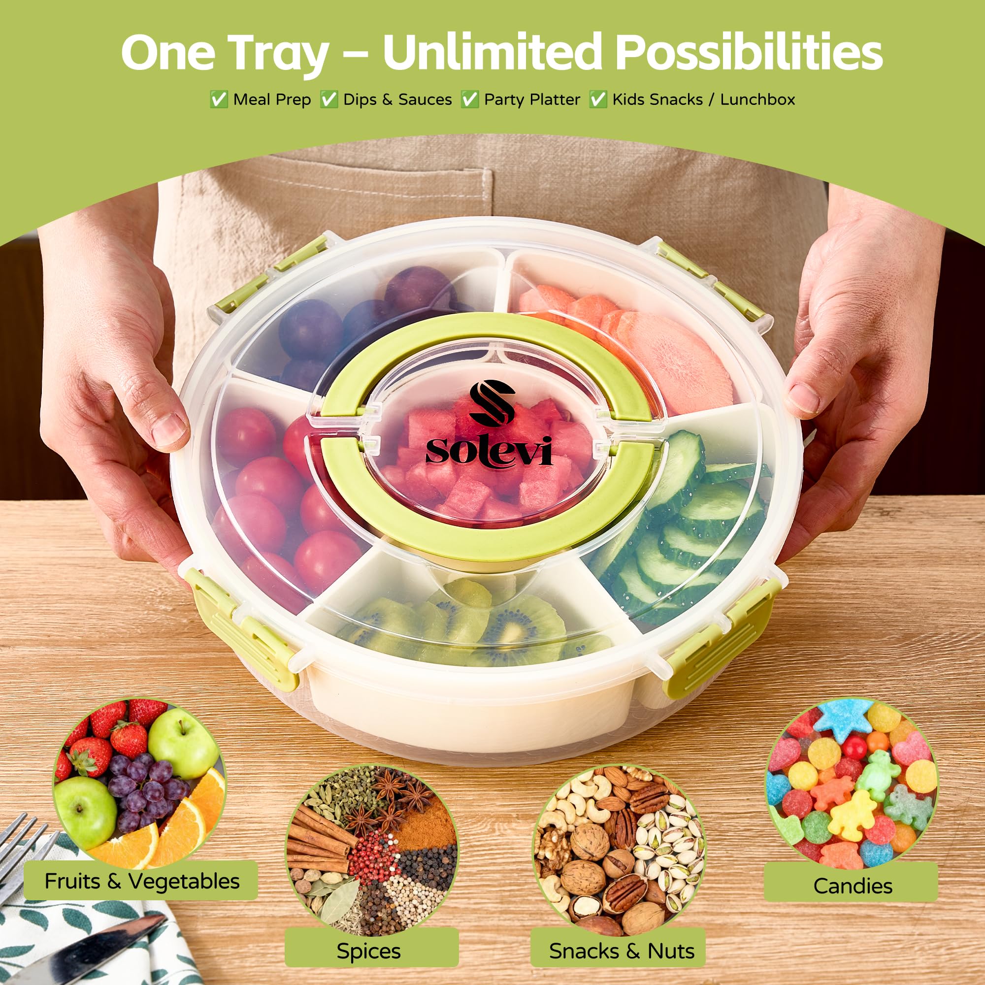 Solevi divided tray on fridge shelf for compact organization.