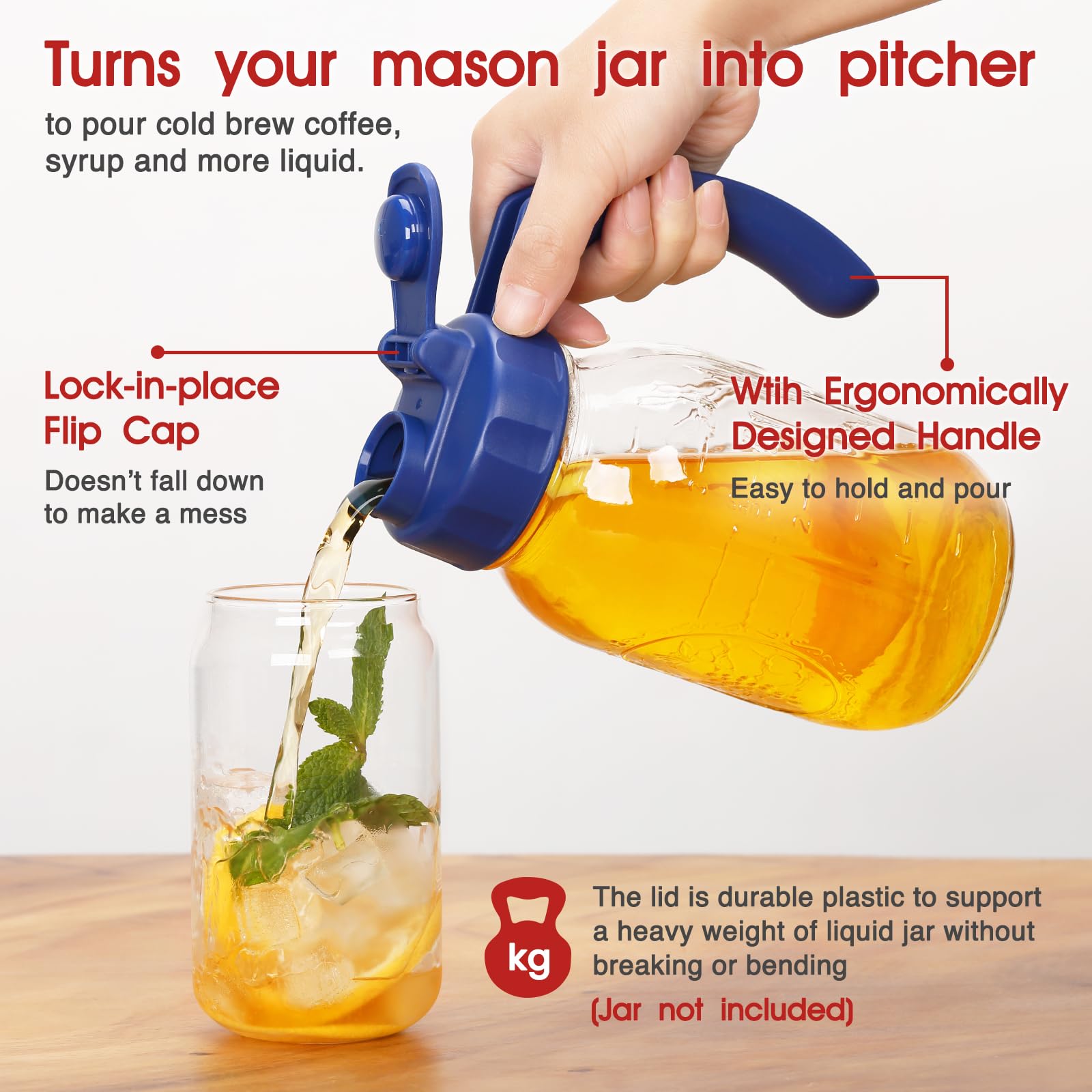 SOLIGT 2-pack regular mouth lids with blue handle for easy pouring.