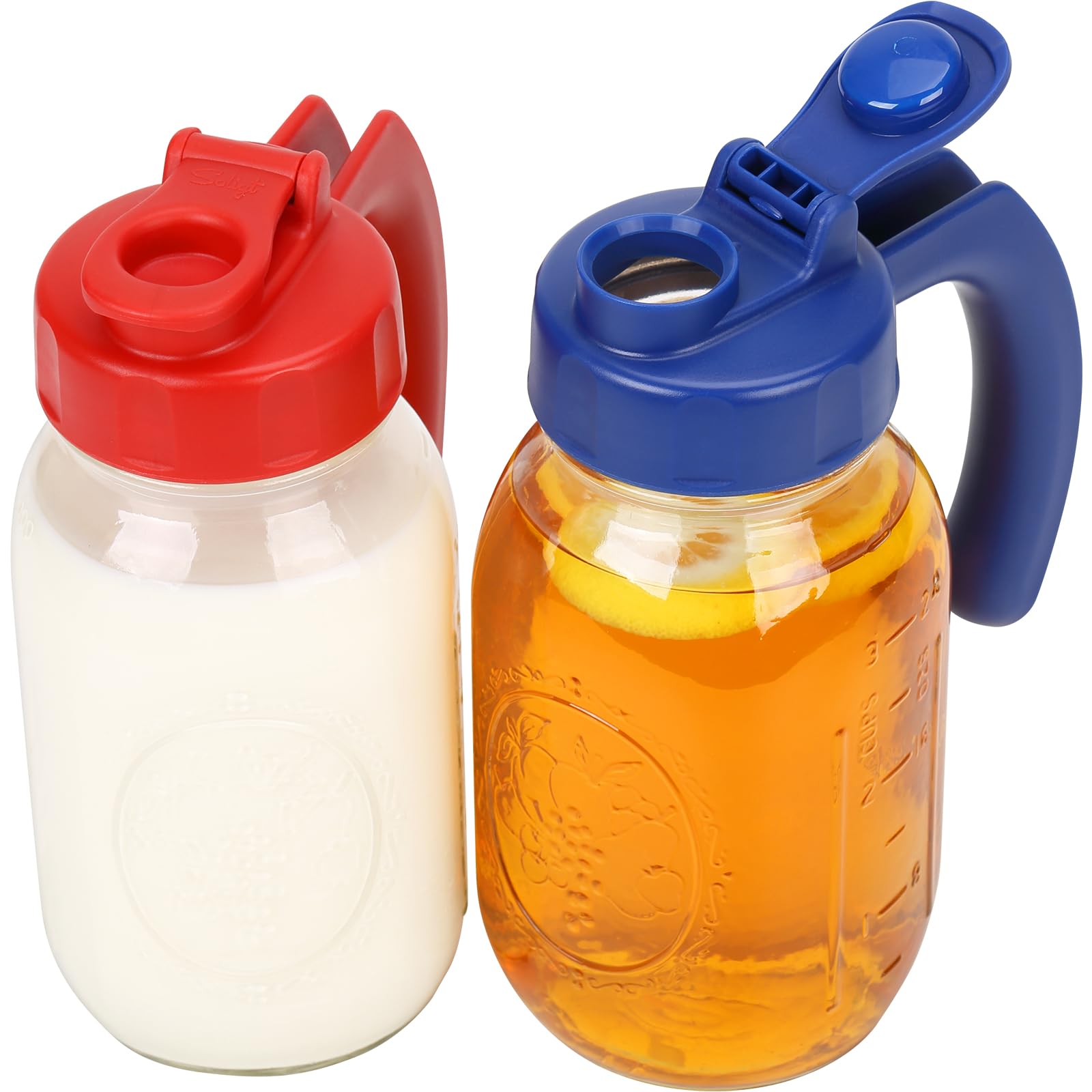 SOLIGT 2-pack regular mouth lids with red handle for controlled pouring.