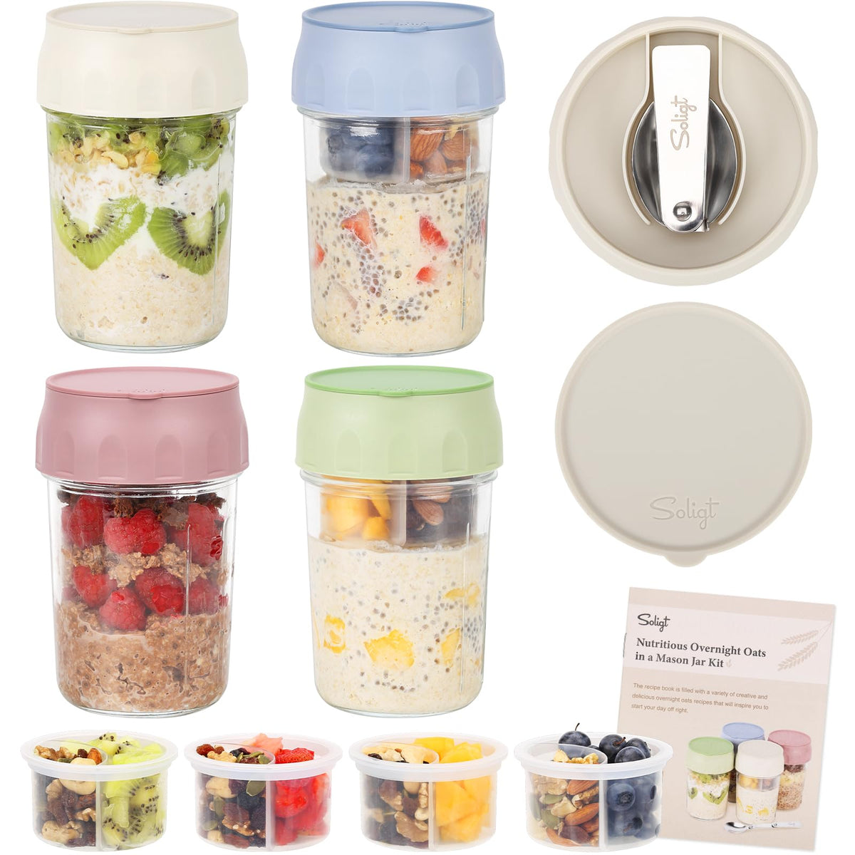 SOLIGT 4-pack overnight oats containers with lids for convenient meal prep on the go.