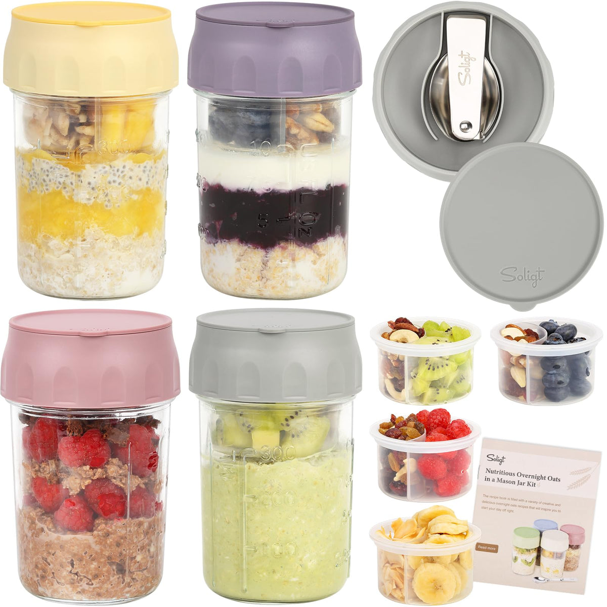 SOLIGT 4-pack overnight oats jars with lids; portable and compact for on-the-go meals.