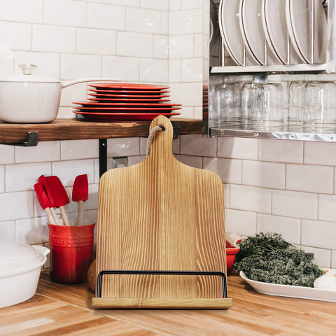 SOLIGT stand holds tablet or cookbook hands-free while cooking.
