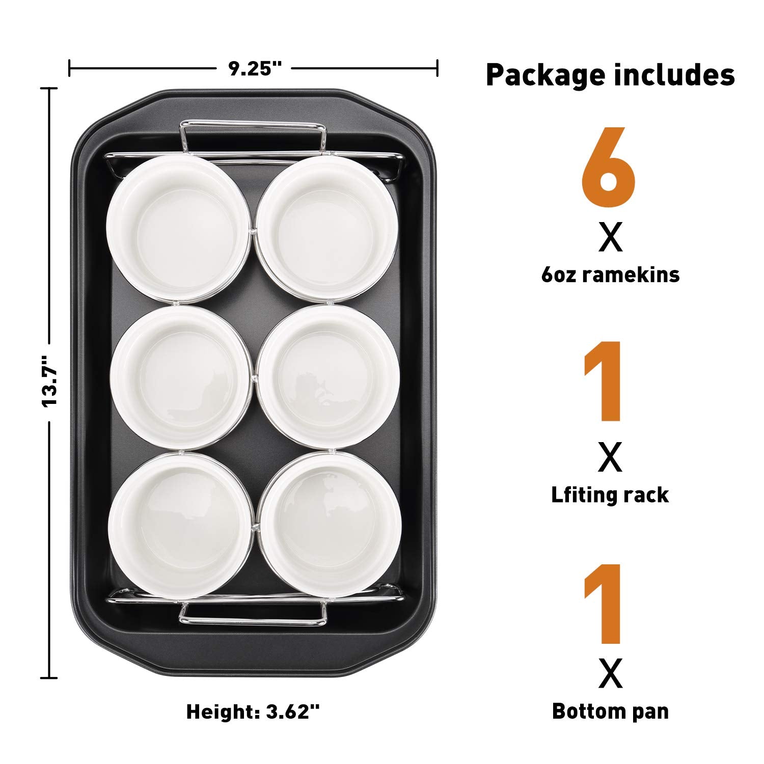 SOLIGT Creme Brulee set stainless-steel-lifting-rack keeps ramekins safely elevated for even heating.