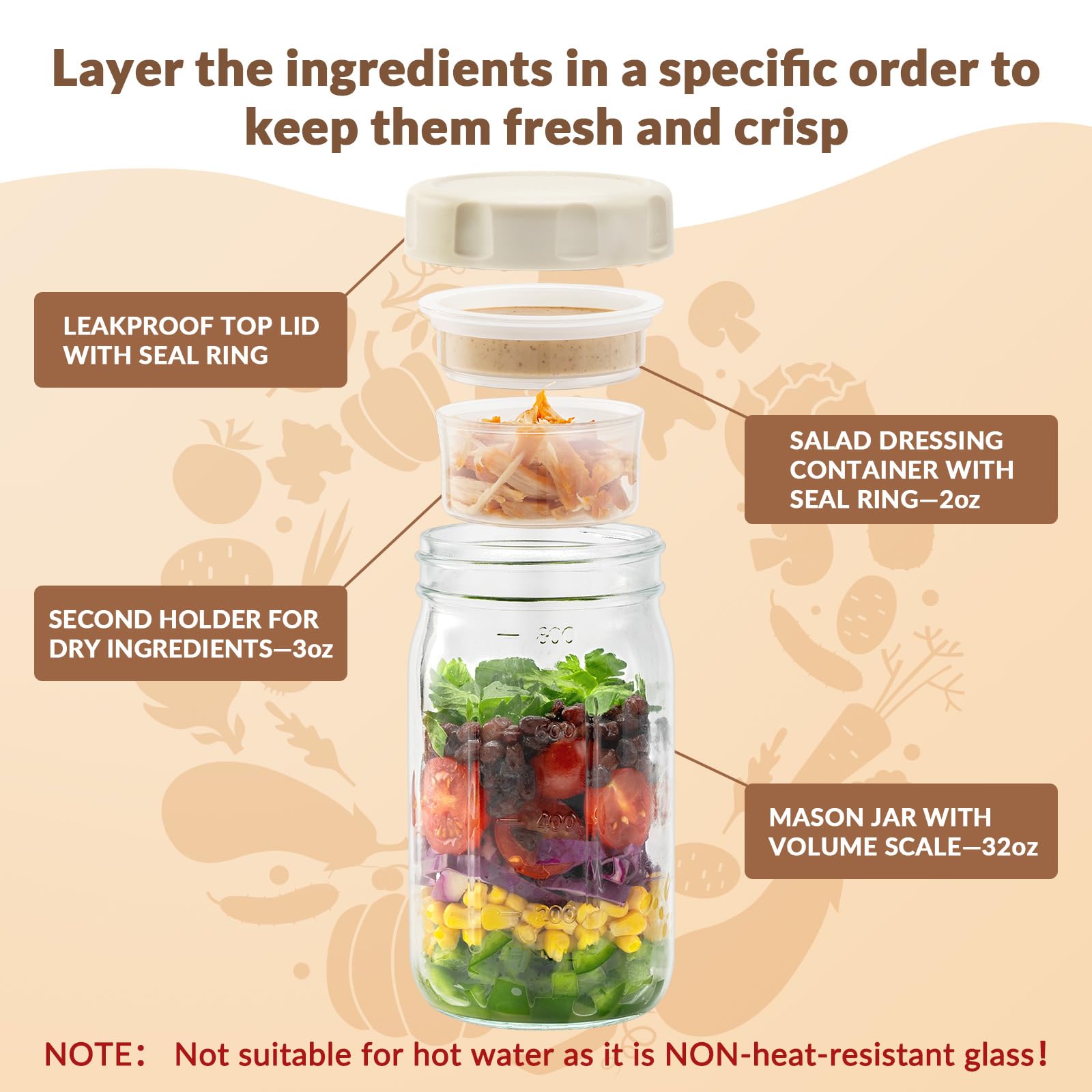 SOLIGT glass salad jar with three compartments for greens, protein, and dressing.