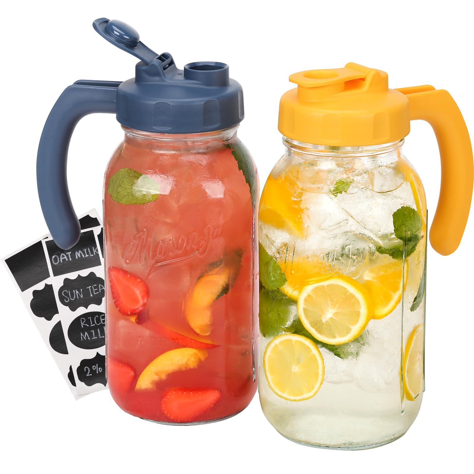 SOLIGT mason jar pitcher 64oz with navy-yellow lid for big batch beverages.