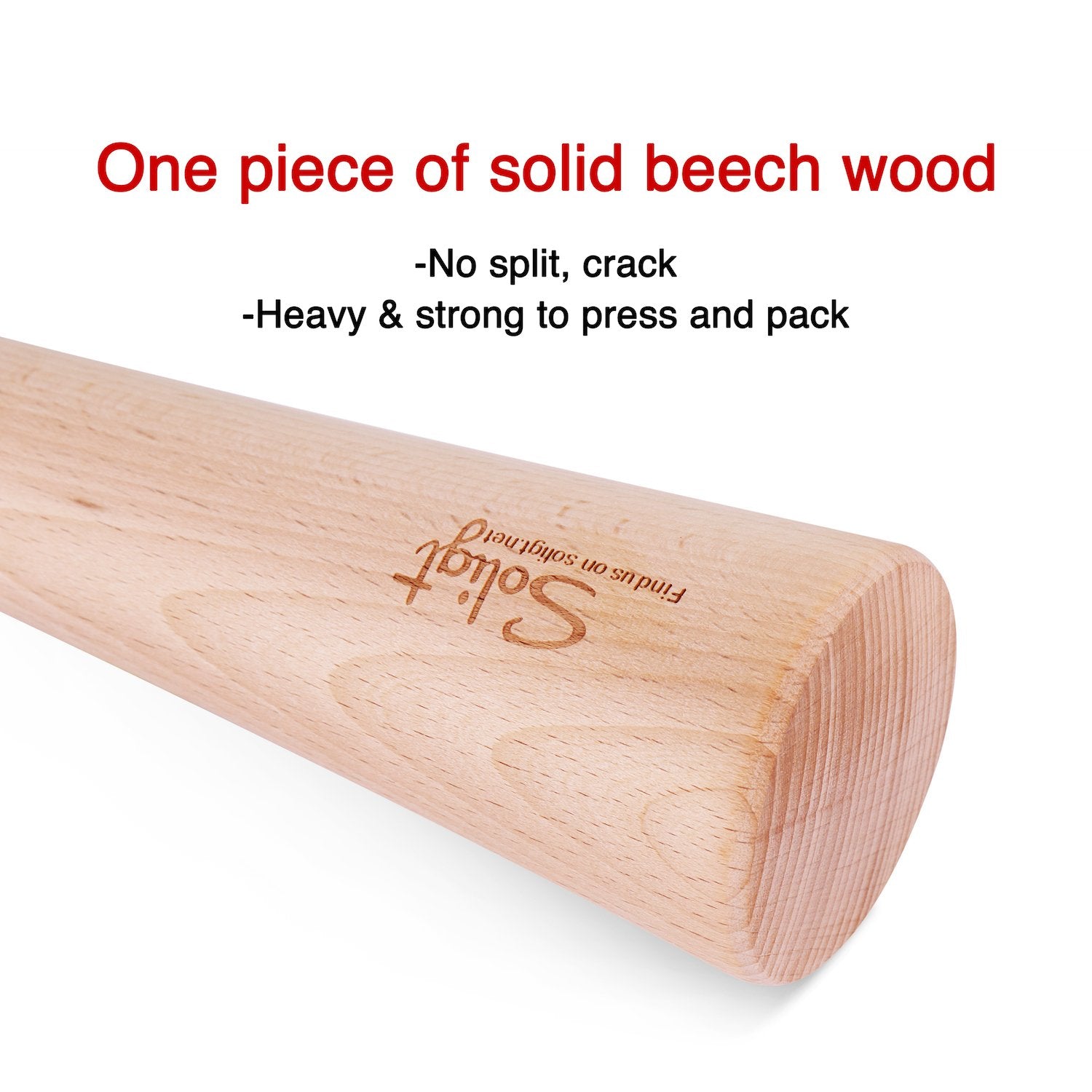 SOLIGT solid wood pounder with curved handle for comfortable use.