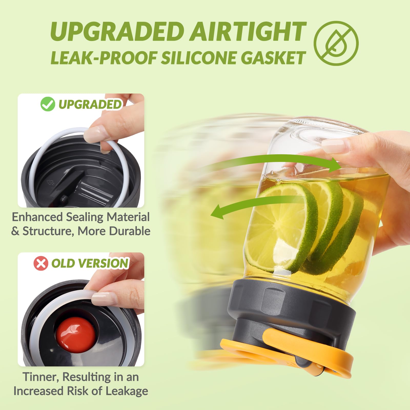 SOLIGT upgraded silicone gasket seal for leak-proof storage on regular-mouth lids.