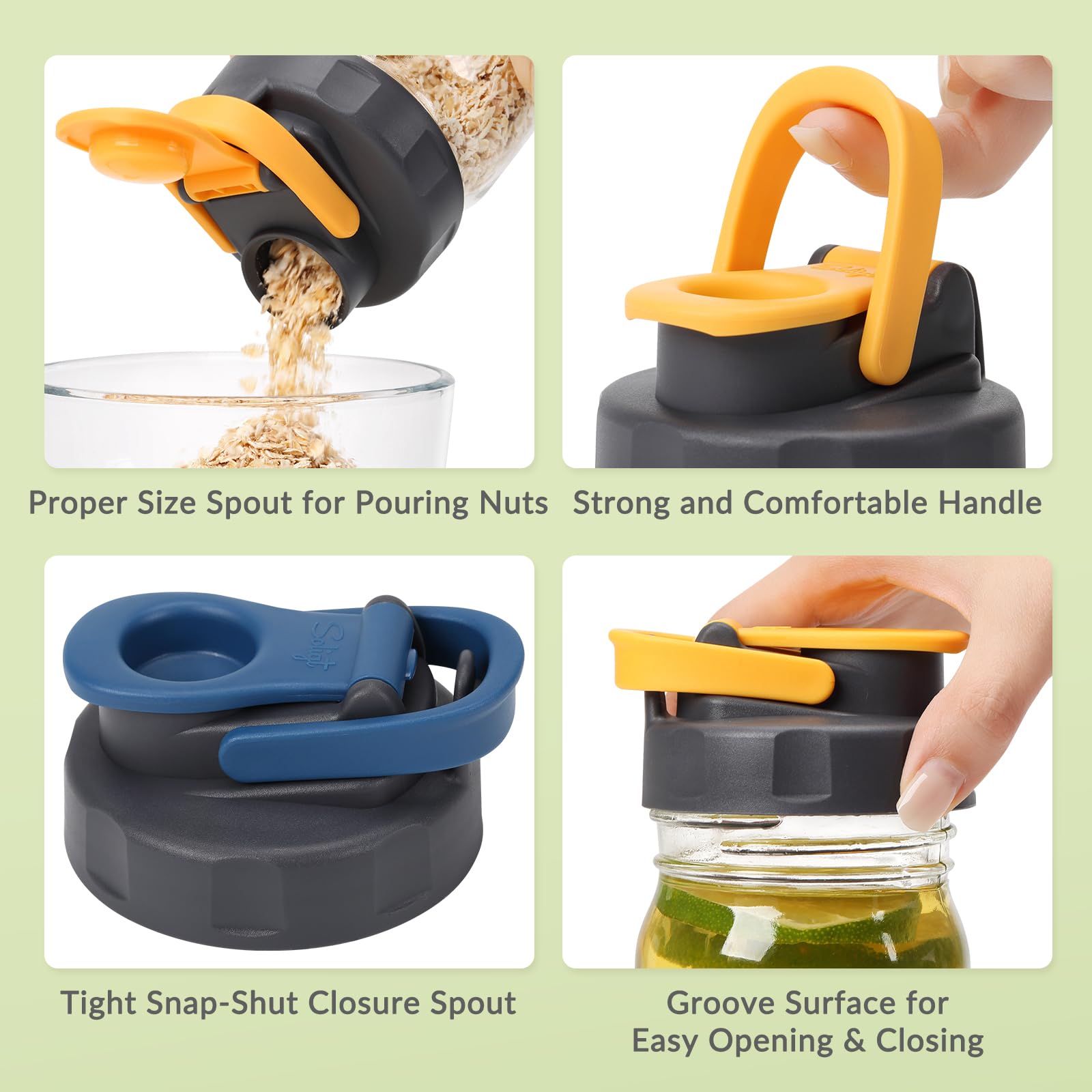 SOLIGT flip-cap lids offering smooth sipping and controlled pouring from jars.