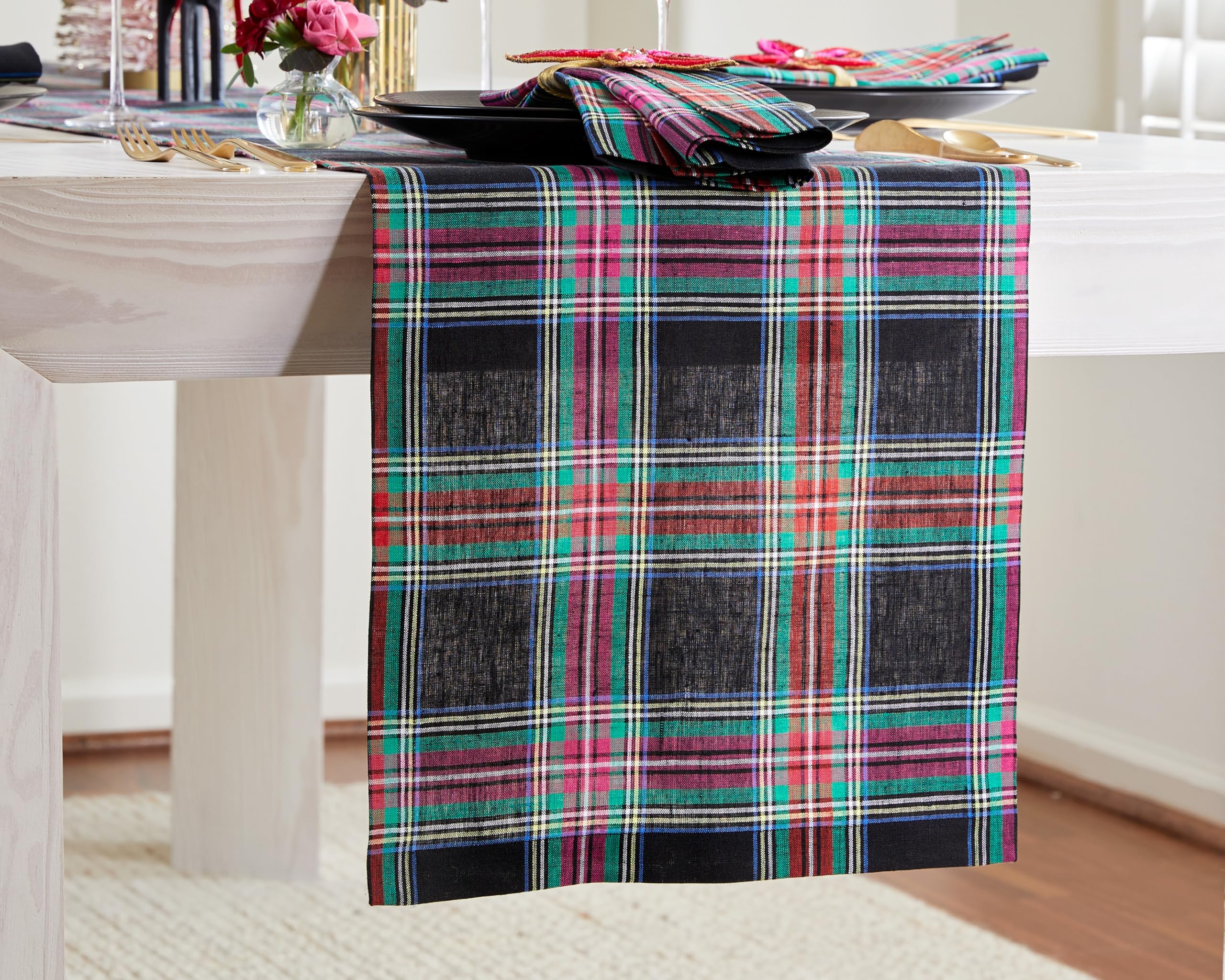 Solino Home Black Jewel Plaid closeup shows rich color ideal for stylish tables.