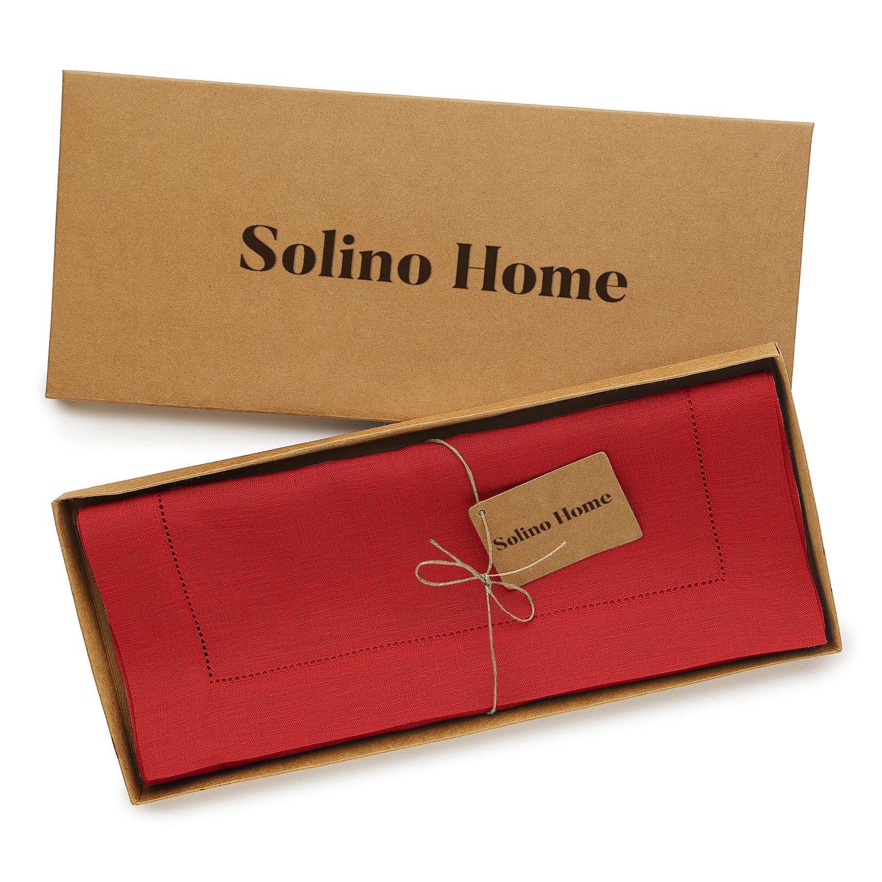 Solino Home Red Linen Table Runner on dresser adds timeless elegance