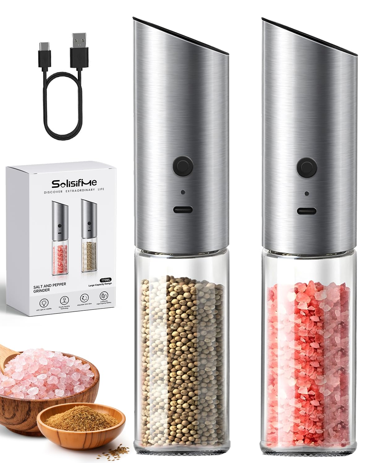 Solisifime gravity grinder set front view with glass jar for stylish kitchen seasoning