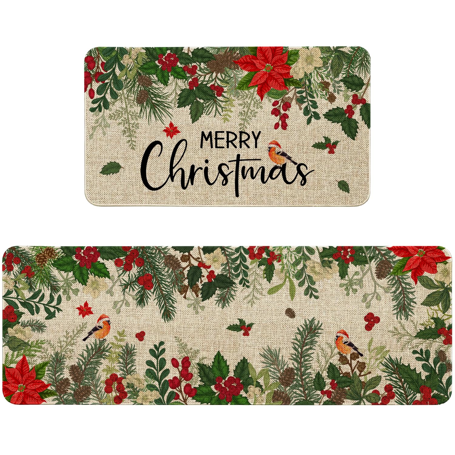 Sonalied Holly Poinsettia kitchen mat front view adds festive vibe to your kitchen.