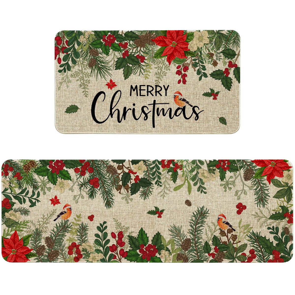 Sonalied Holly Poinsettia kitchen mat front view adds festive vibe to your kitchen.
