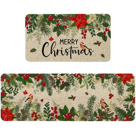 Sonalied Holly Poinsettia kitchen mat front view adds festive vibe to your kitchen.