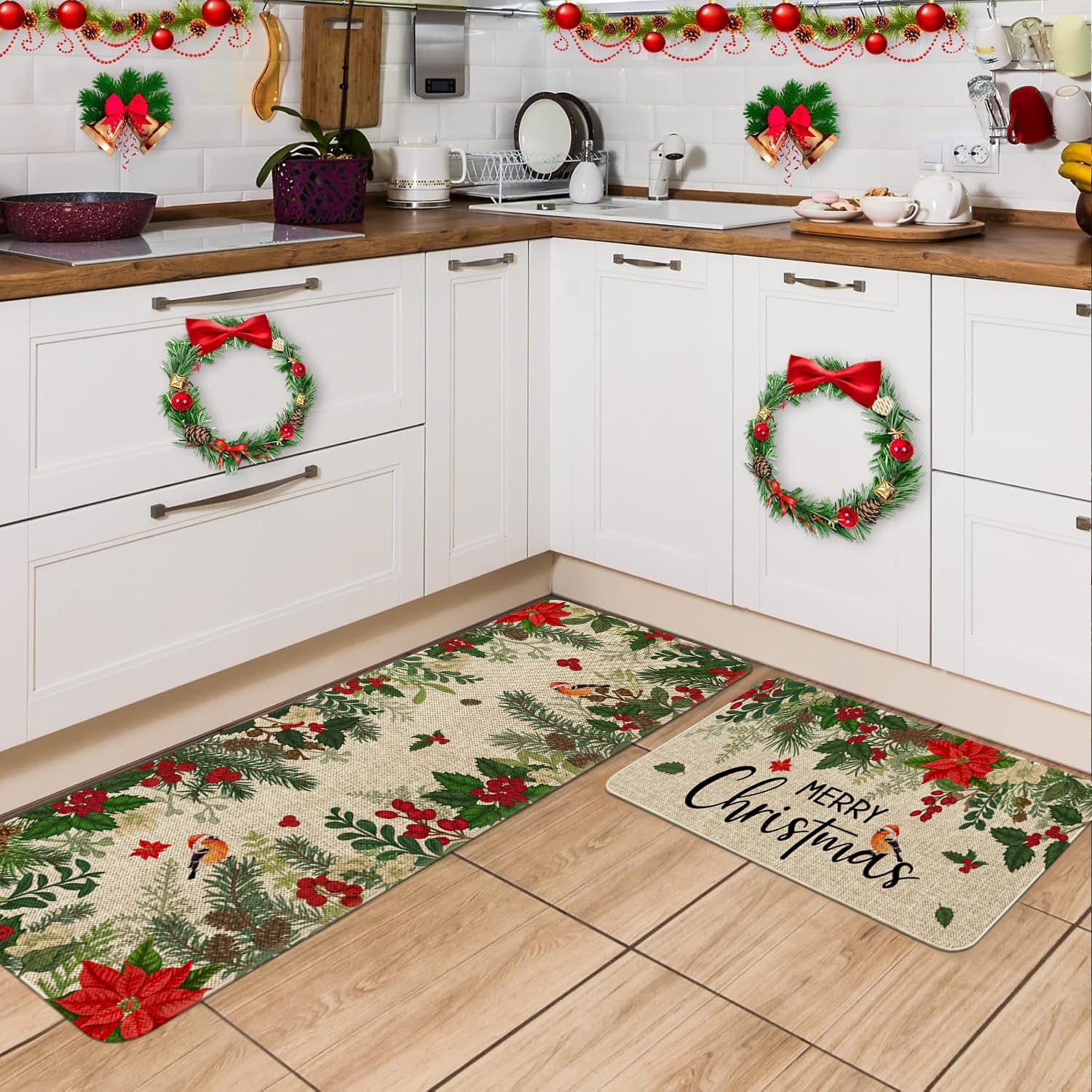 Sonalied Holly Poinsettia kitchen mat 17x47 front view for holiday spaces.