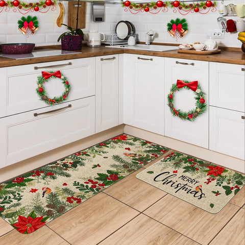 Sonalied Holly Poinsettia kitchen mat 17x47 front view for holiday spaces.