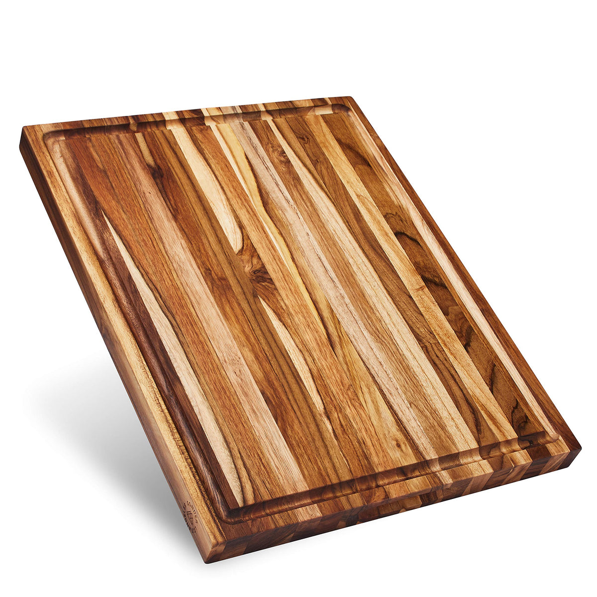 Sonder Los Angeles Laurel teak edge grain cutting board with juice groove for mess-free prep.