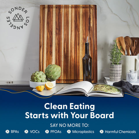 Sonder Los Angeles Highland cutting board juice groove catches liquids to keep counters clean.