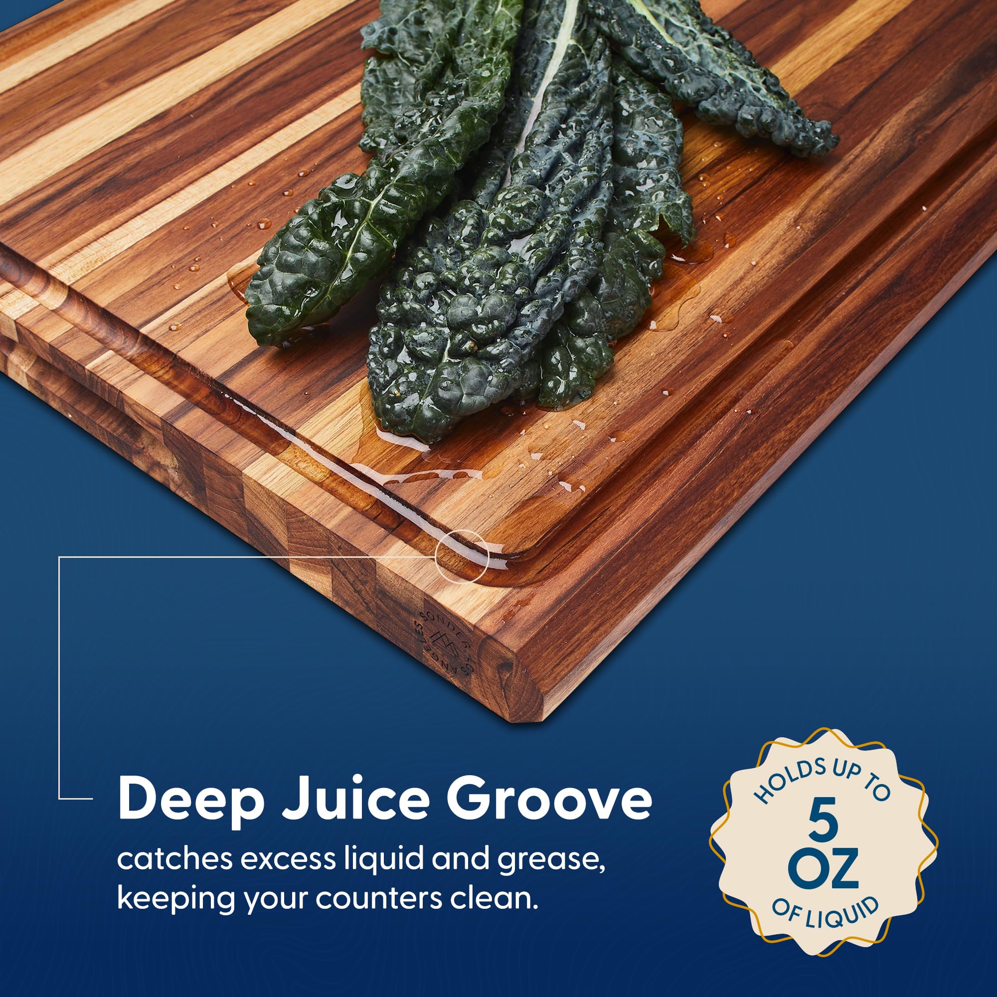 Sonder Los Angeles Highland cutting board in teak wood emphasizes water resistance and warmth.