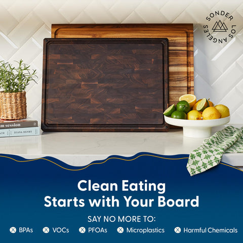Welton cutting board with non-slip feet stays steady on the counter