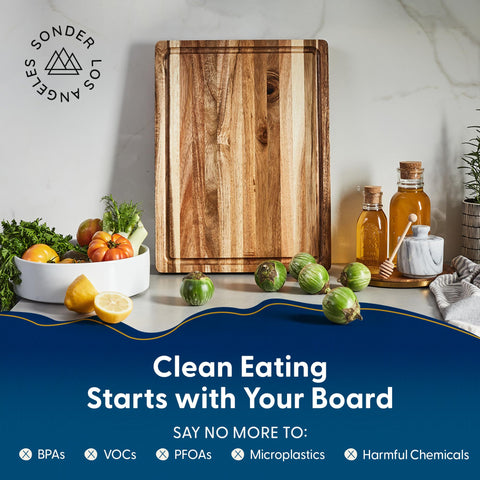 Sonder Los Angeles Winsome Acacia board with juice groove catching liquids