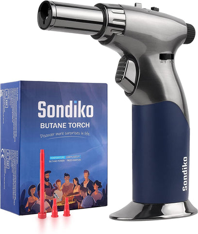 Sondiko dual flame torch front view showing compact kitchen tool for precise heating.