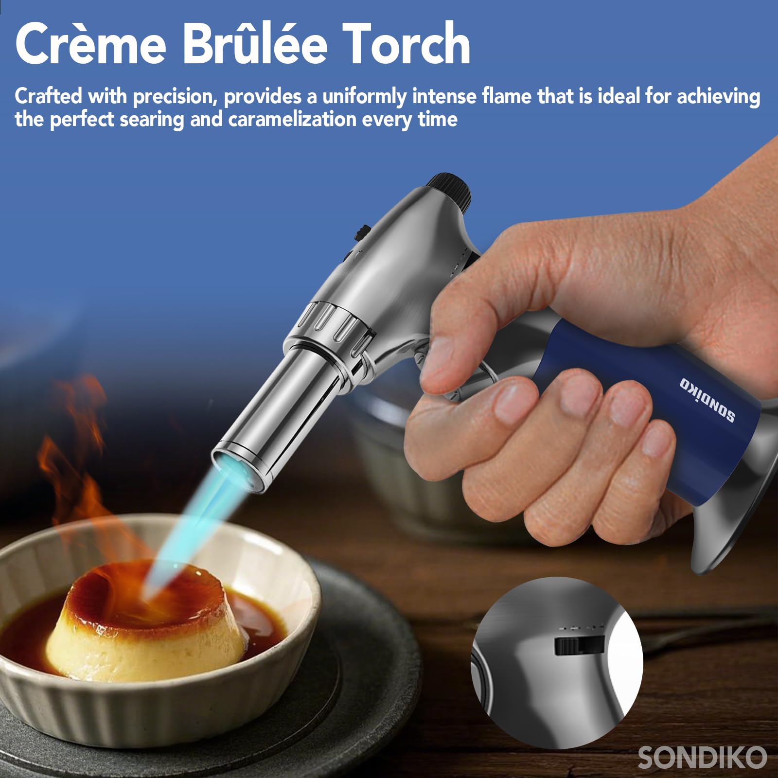 Sondiko kitchen torch used to sear steak and roast peppers with controlled heat.