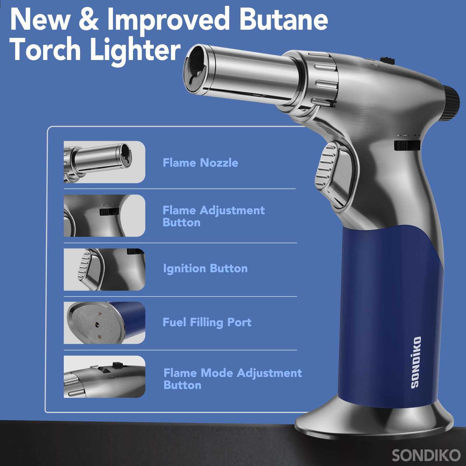 Sondiko torch compatible with all butane tanks using included adapters.