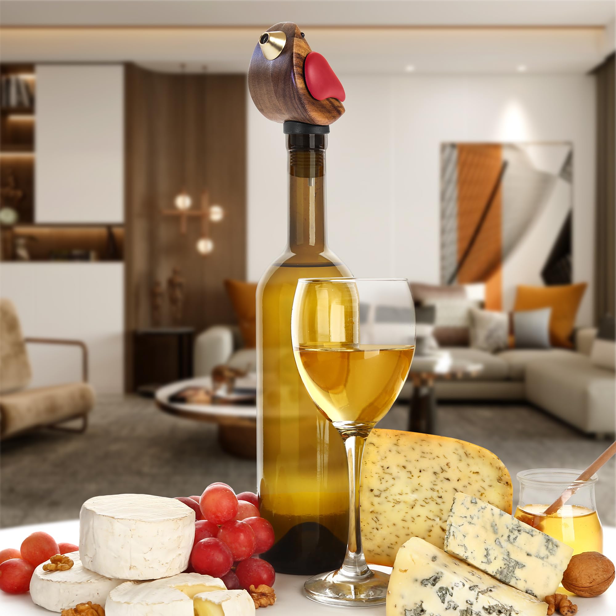 Songbird Specialties colorful wings decorate the pourer for a vibrant table.