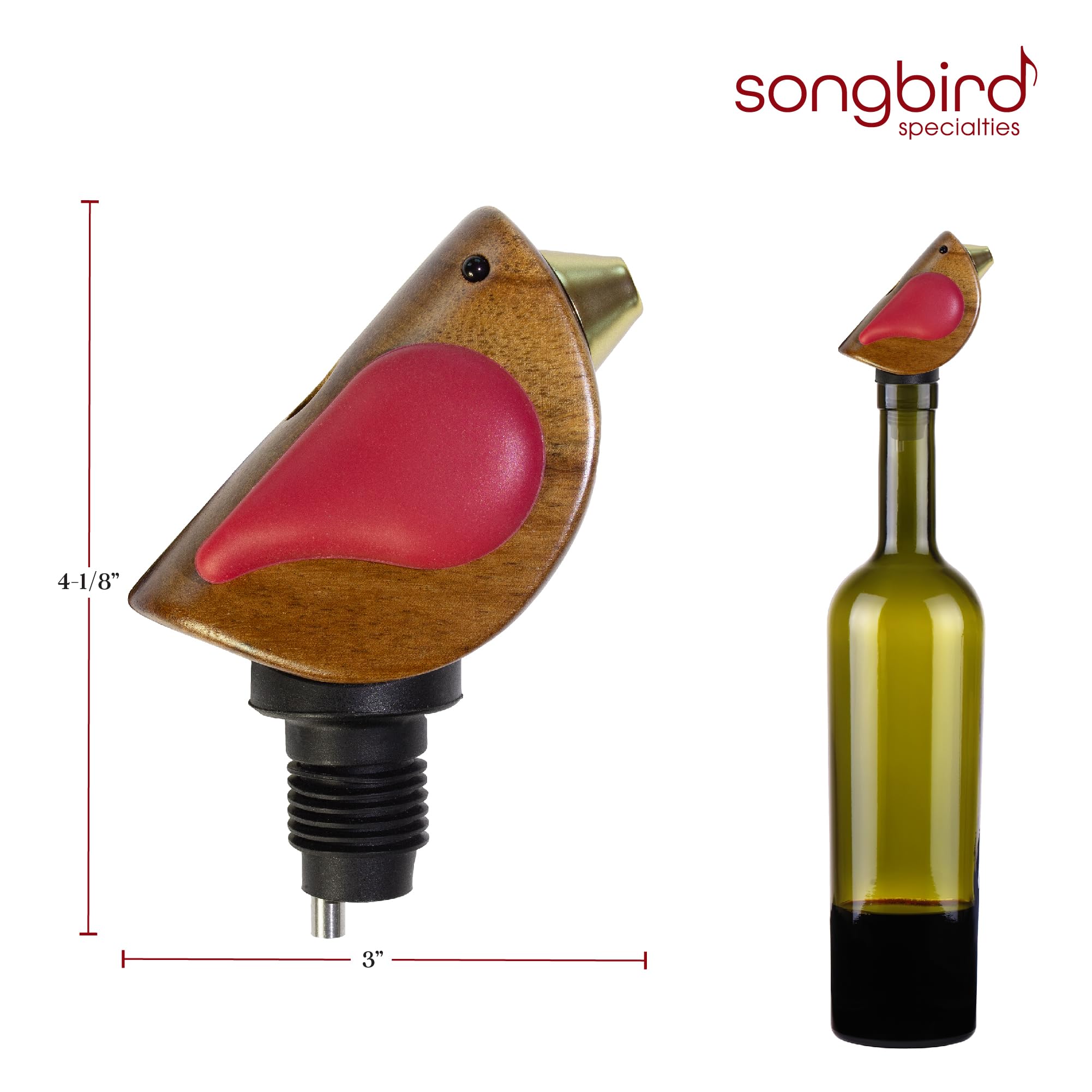 Songbird Specialties singing pourer perched on a bottle during service.