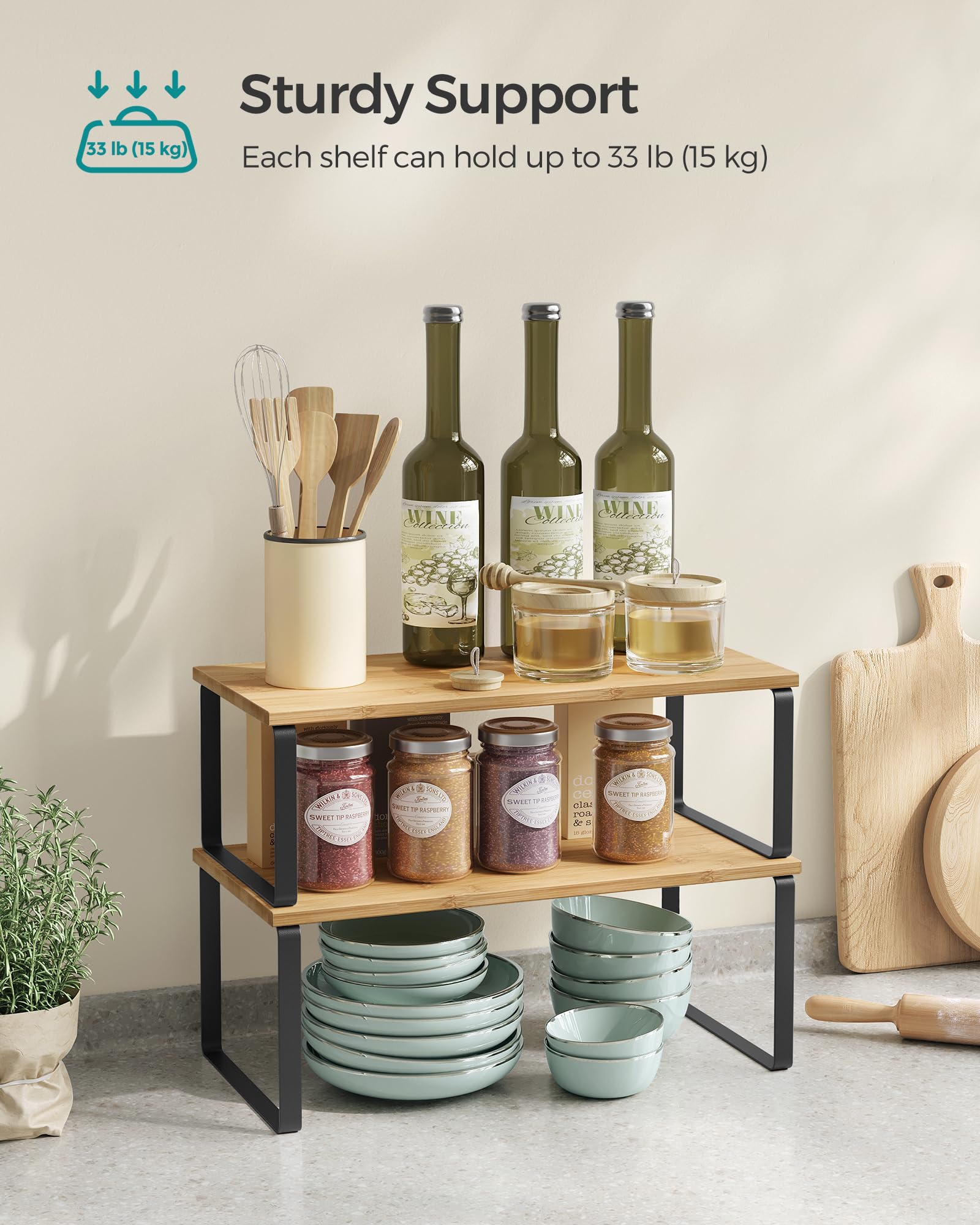 SONGMICS adjustable stackable design allows flexible layouts for tight spaces.