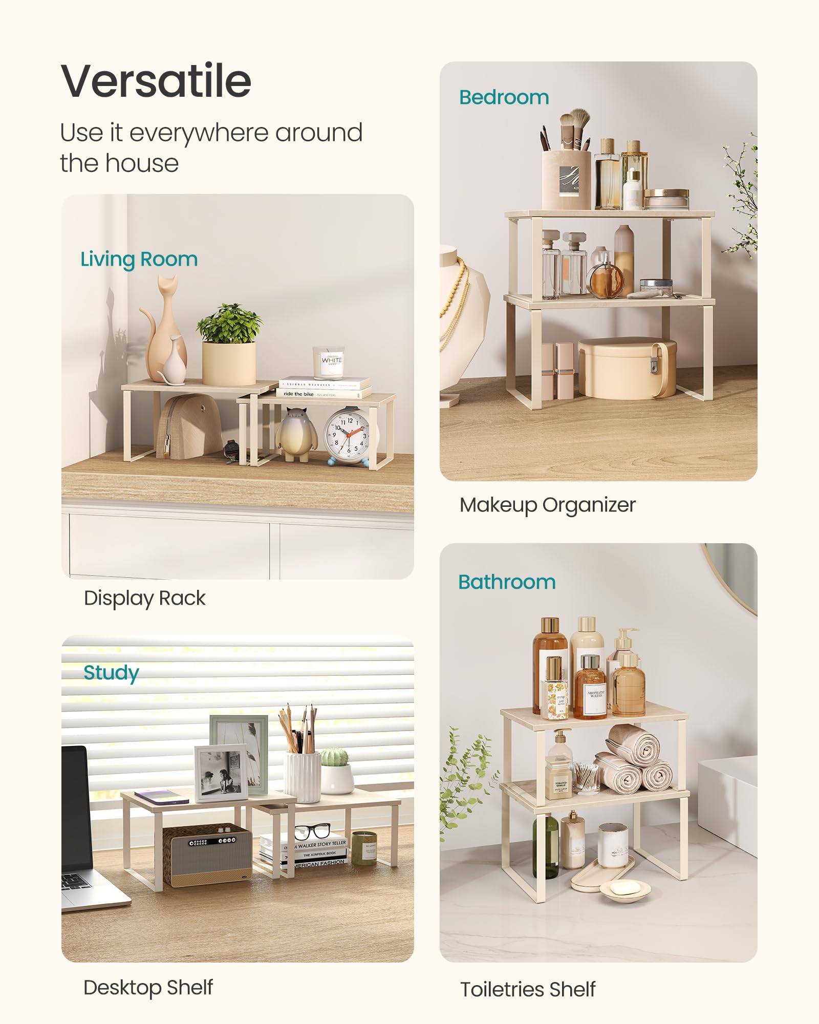 Songmics adjustable shelves adapt to your space with flexible stacking.