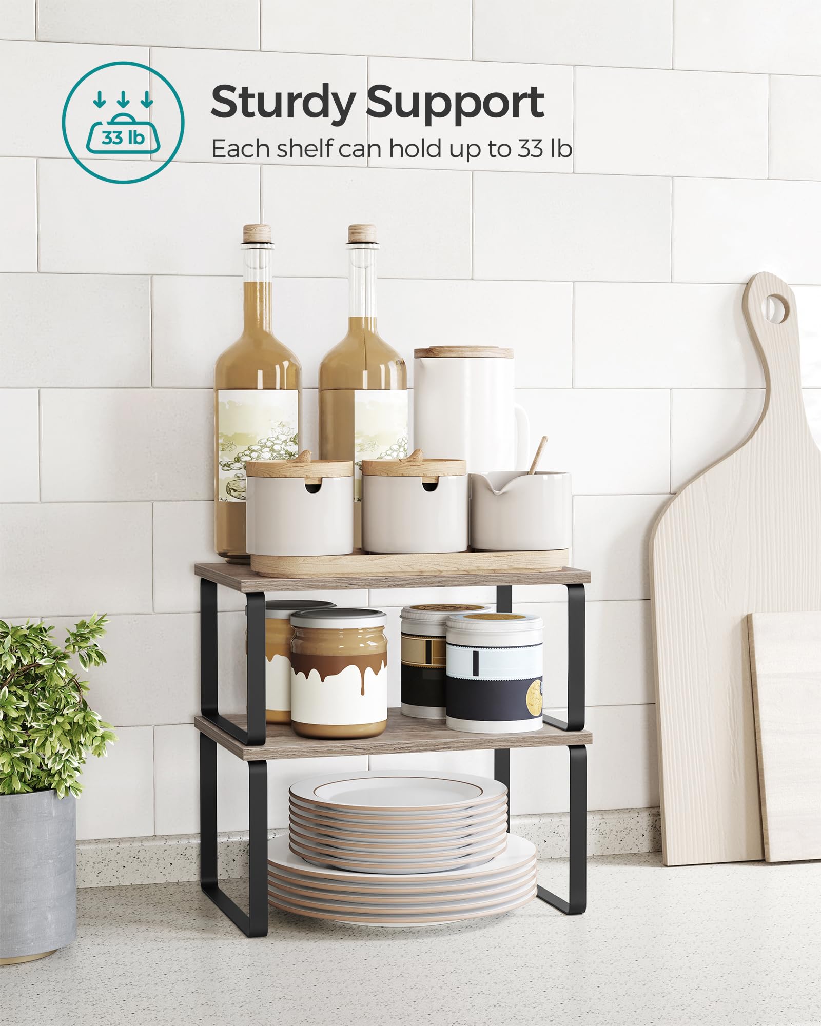 SONGMICS adjustable stackable shelves form an L-shape to fit tight spaces.