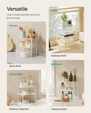 SONGMICS adjustable stackable shelves assembly offers flexible kitchen layout.