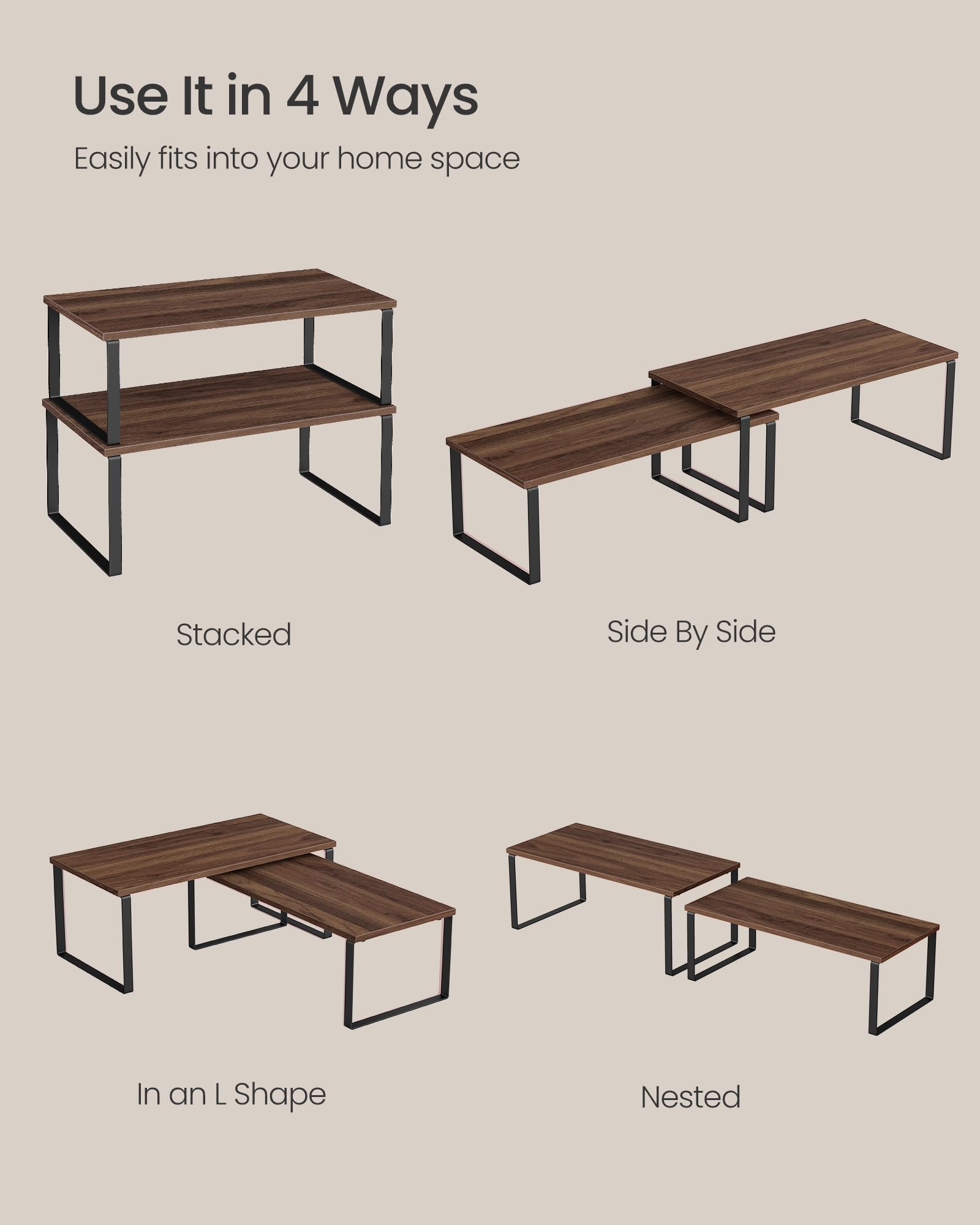 SONGMICS adjustable stackable shelves adapt to fit tight kitchen corners.