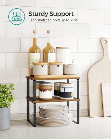 SONGMICS adjustable stackable shelves adaptable to L-shaped or separate layouts.