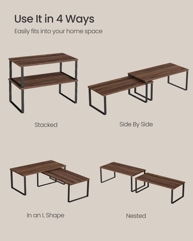SONGMICS adjustable stackable shelves adapt to fit tight kitchen corners.