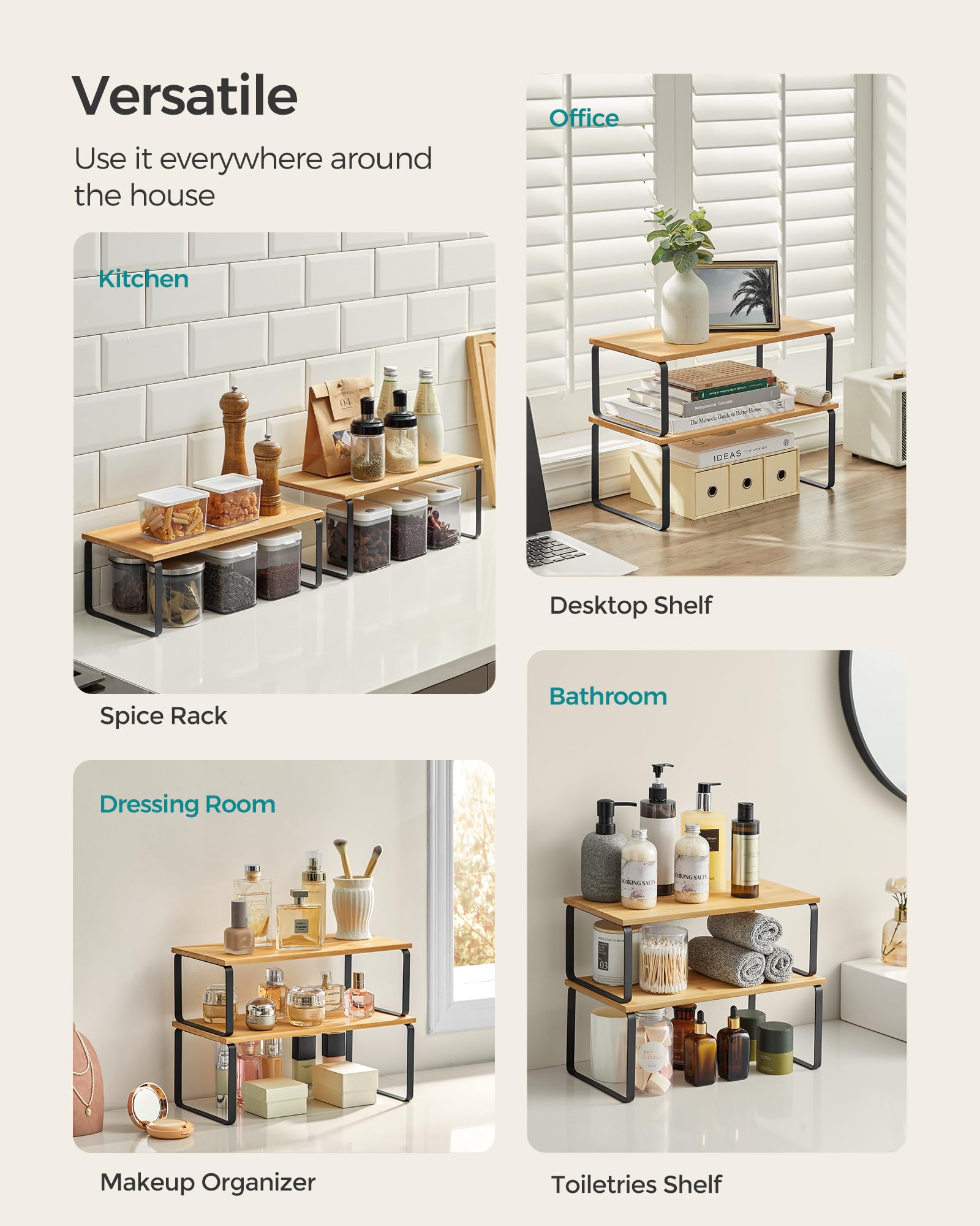SONGMICS cabinet organizer expandable layout, flexible configurations for utensils.