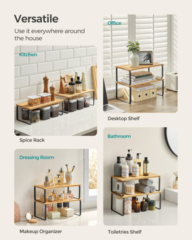 SONGMICS cabinet organizer expandable layout, flexible configurations for utensils.