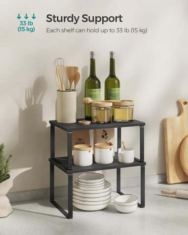 Songmics cabinet organizer used in an L-shape for optimal corner fit.