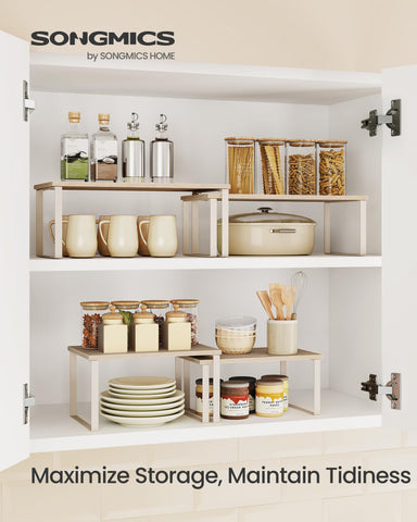 Songmics cabinet organizer shelf in cream white for versatile kitchen and living area storage.