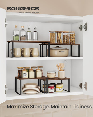 SONGMICS cabinet organizer shelf in matte black offers stackable design for compact pantry efficiency