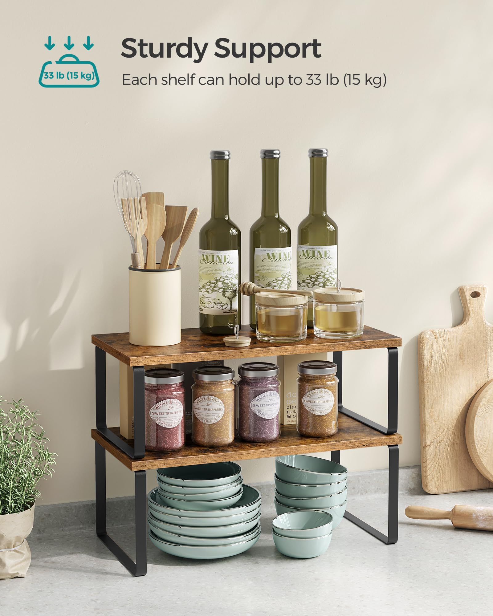 SONGMICS cabinet organizer shelf rustic brown side view shows versatile placement.