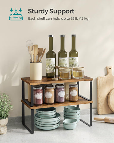 SONGMICS cabinet organizer shelf rustic brown side view shows versatile placement.