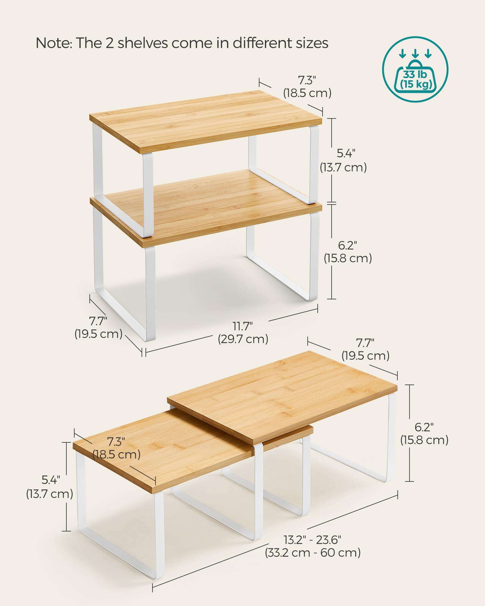 SONGMICS cabinet organizer stackable, nested configuration saves counter space and adapts to your kitchen.