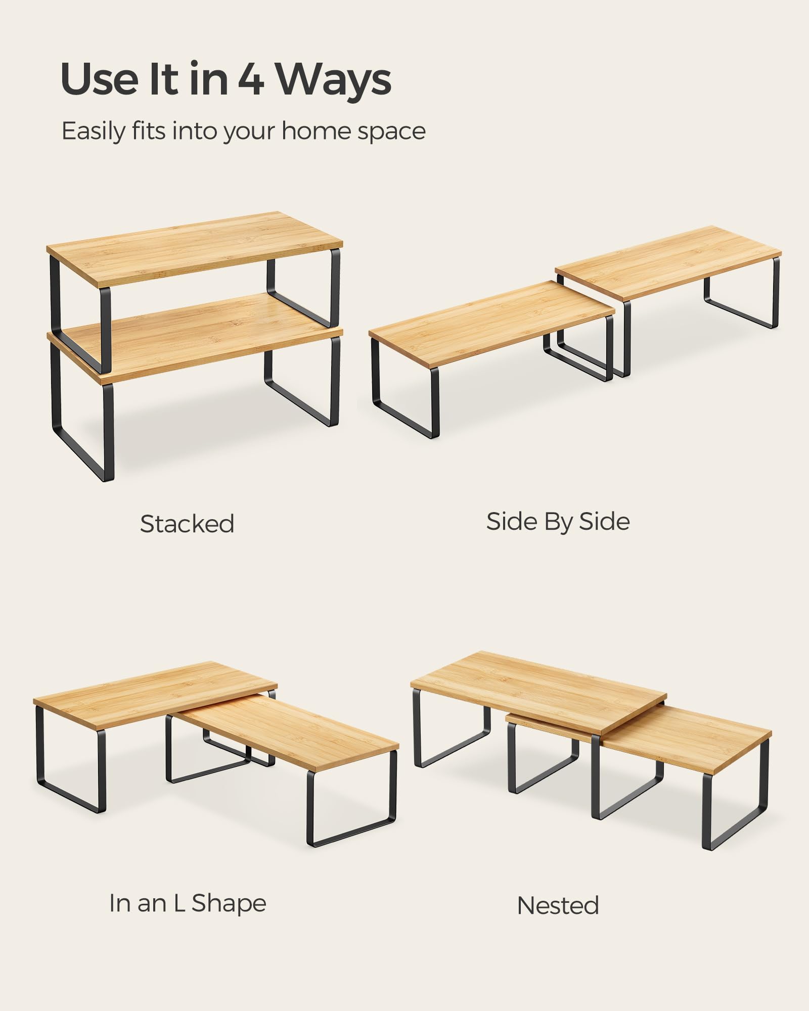 SONGMICS cabinet organizer two sizes, fits small and large items.
