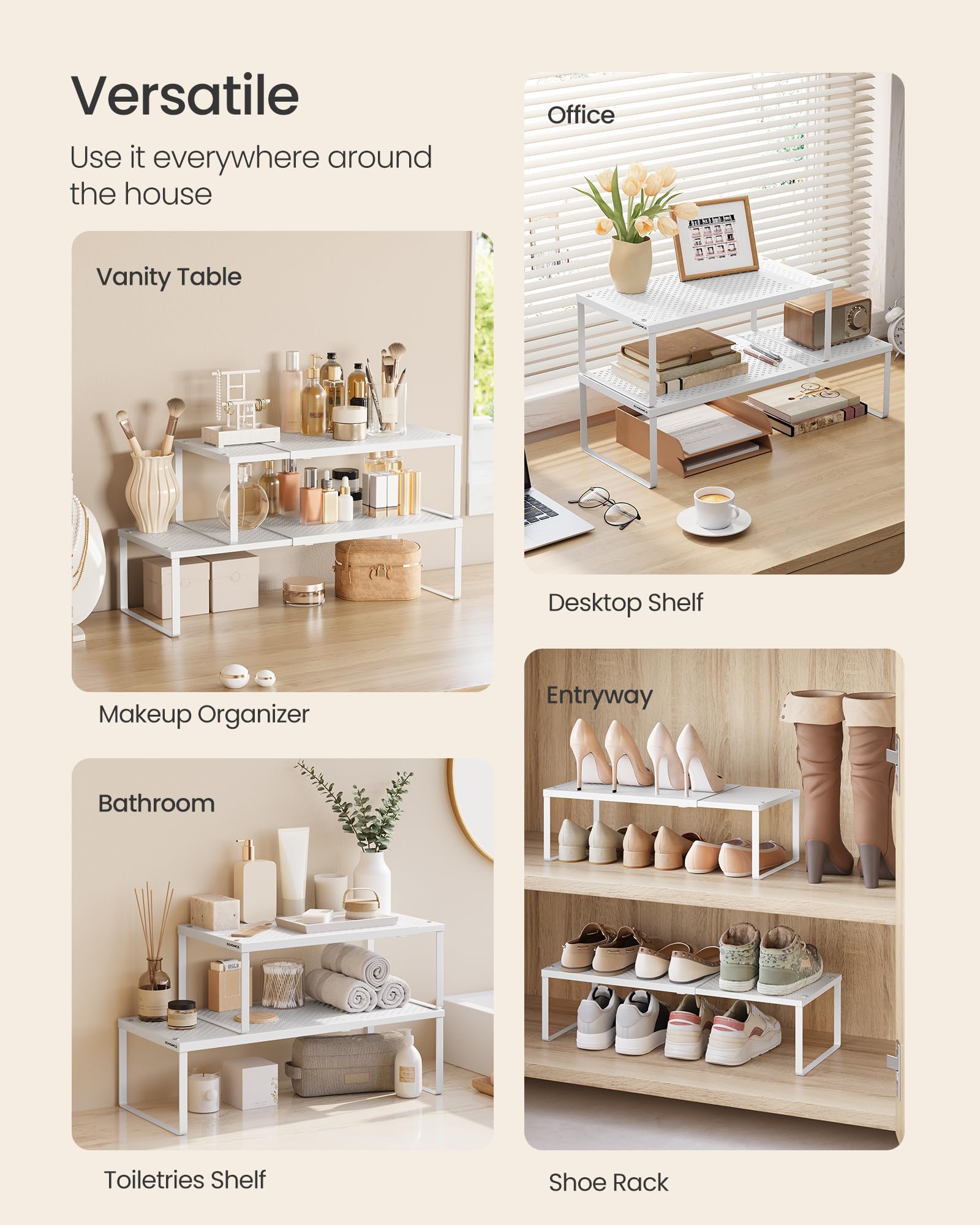 Songmics kitchen cabinet organizers help store spices, cans, and utensils.