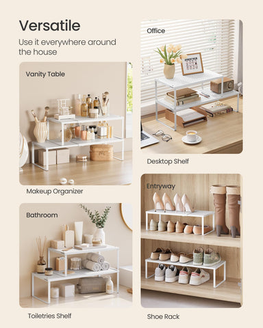 Songmics kitchen cabinet organizers help store spices, cans, and utensils.