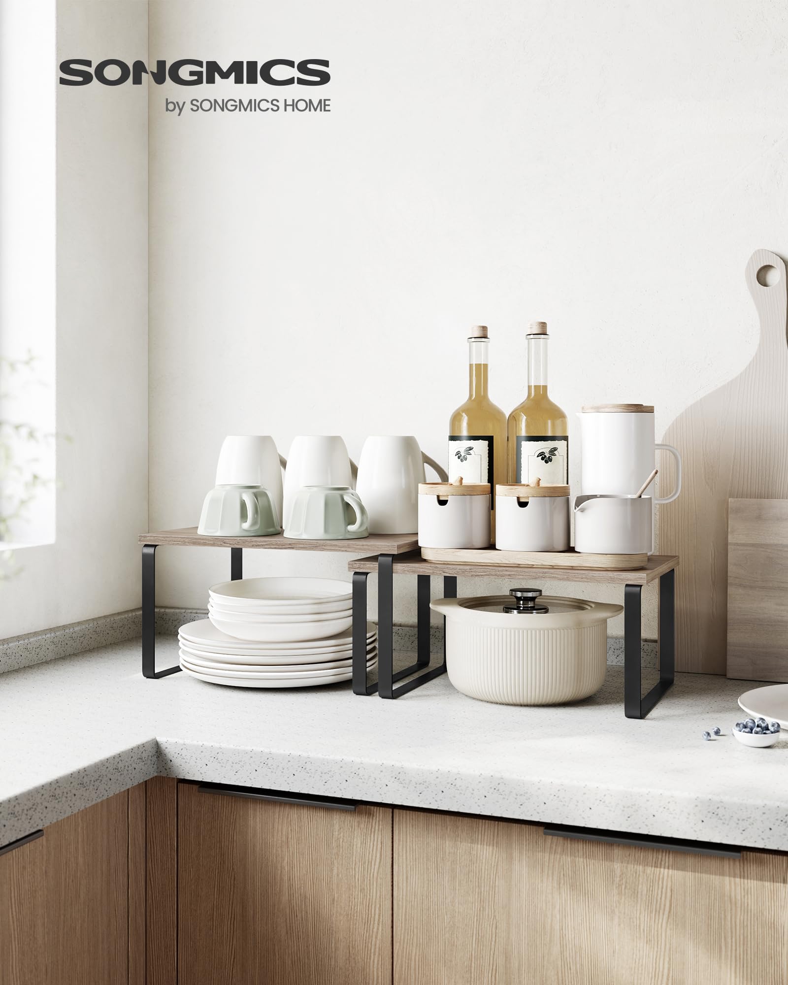 SONGMICS kitchen counter shelves show stackable design to save space.