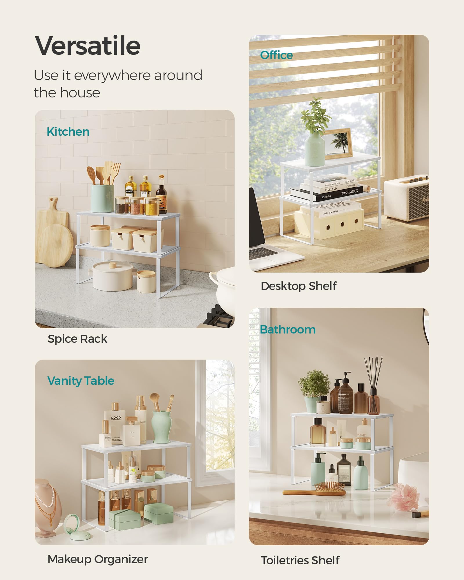 SONGMICS kitchen counter shelves organize spice jars and cans.